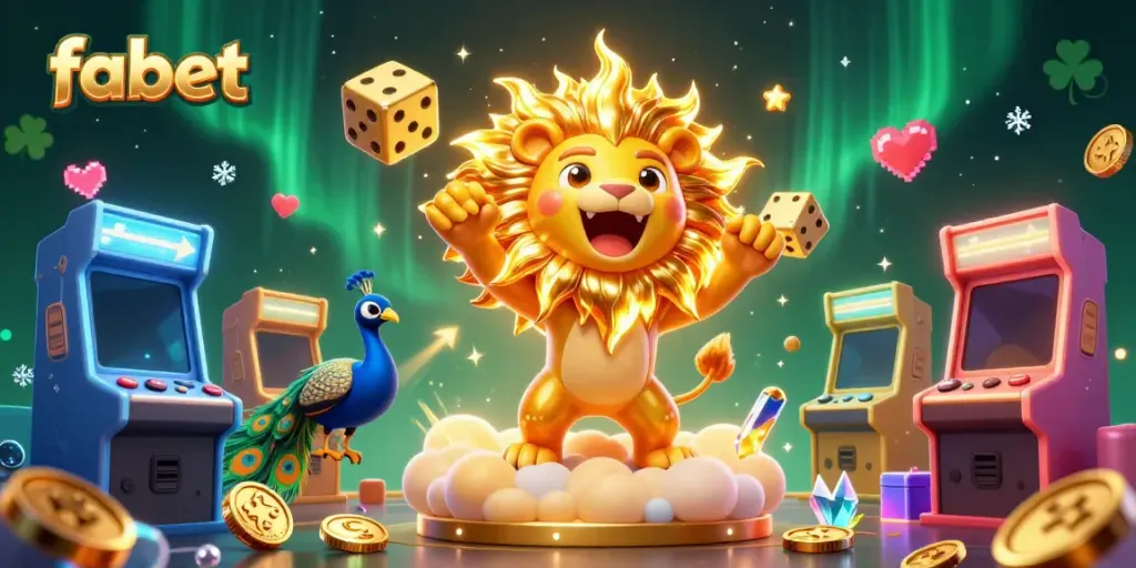 Experience thrill with FABET, featuring a roaring casino lion and vibrant gaming elements.