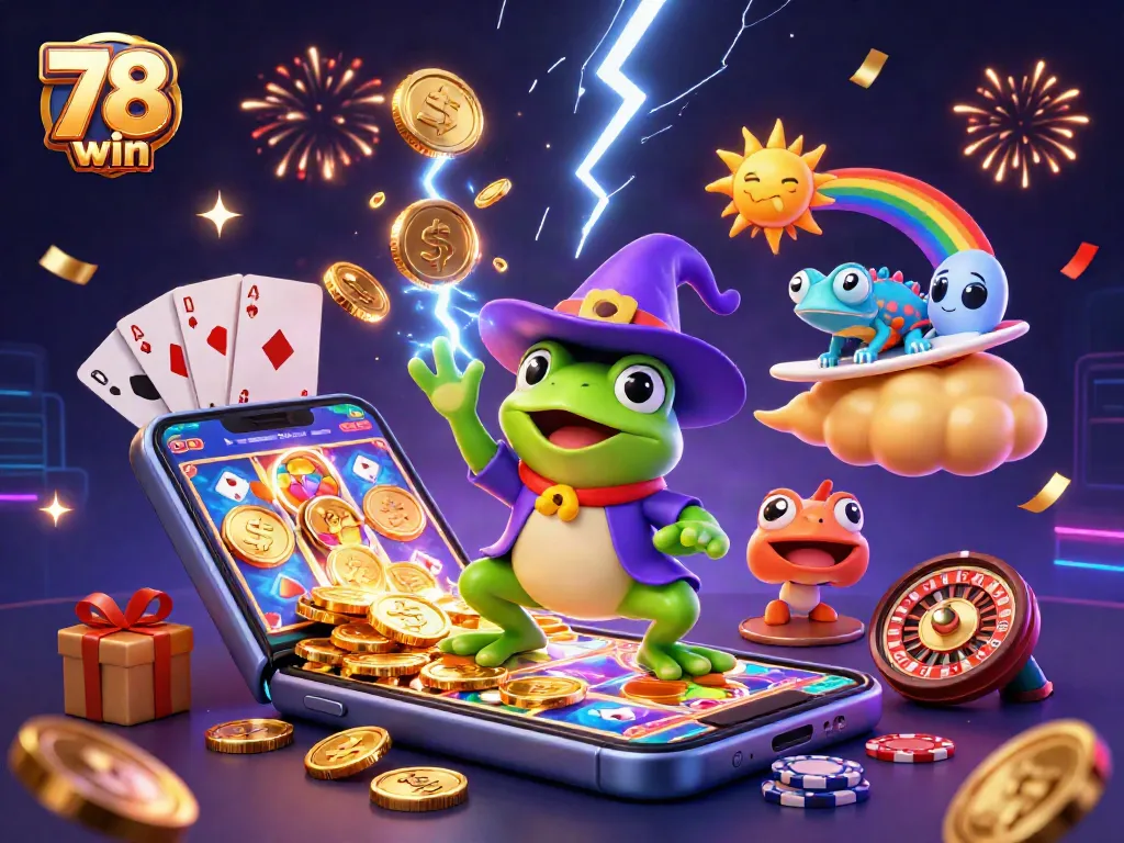 Enhance your gameplay with vibrant 78 win scenes featuring golden coins, cards, and lively characters.