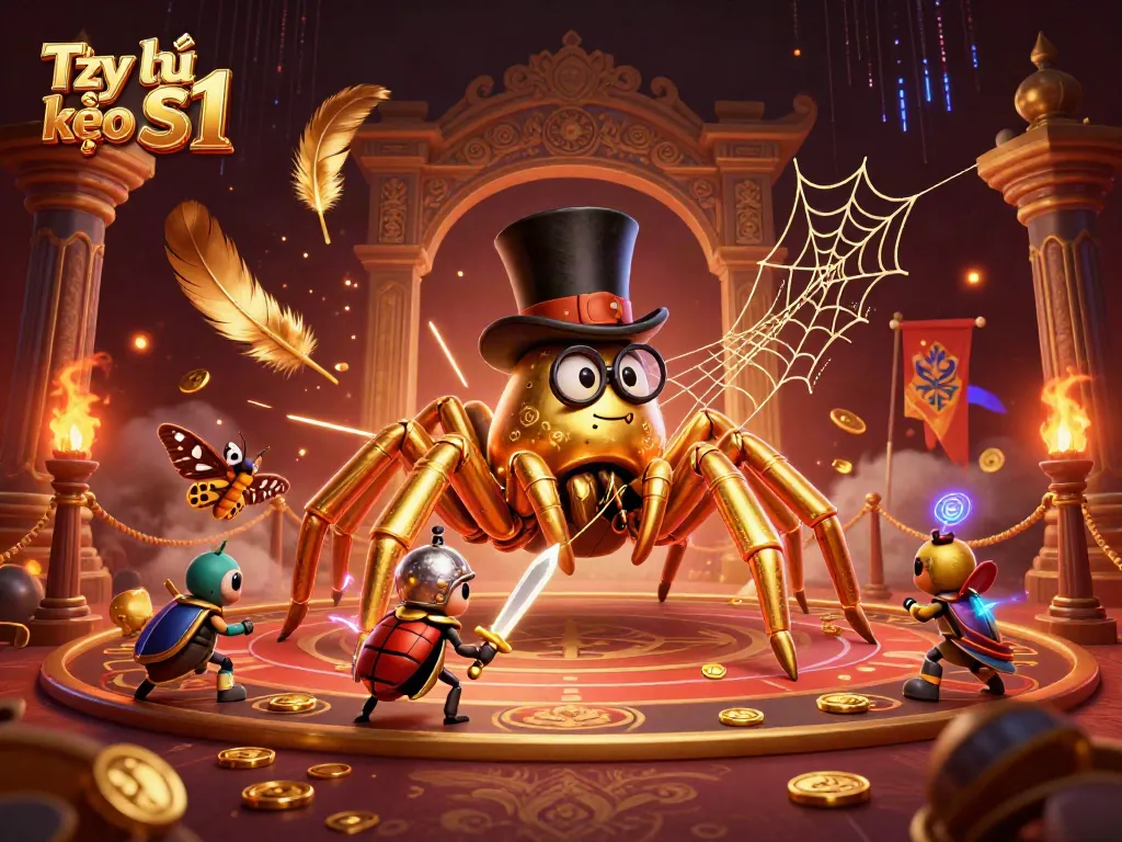Engage with Tỷ lệ kèo S1 in this dynamic digital illustration featuring a golden tarantula and beetle knight in a vibrant casino atmosphere.
