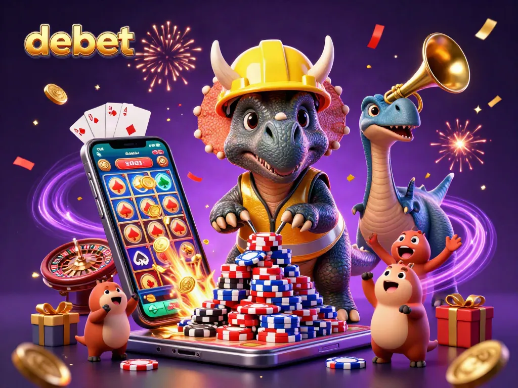 Experience exciting betting with Debet: a vibrant scene depicting casino elements like poker chips and slot games.