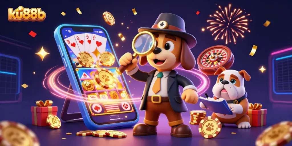 Spin the reels at ku88b with the detective duo uncovering treasure among colorful casino elements.