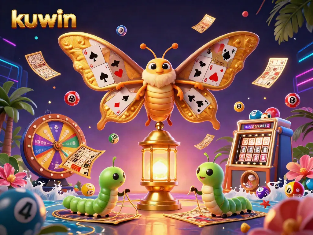 Kuwin's vibrant casino scene with a golden moth, lottery balls, and a dynamic prize wheel.