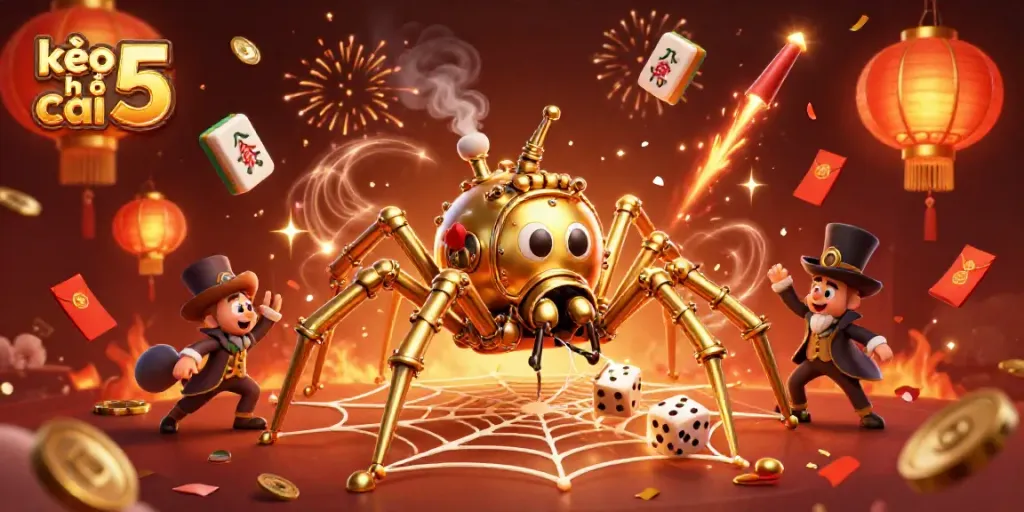 Engage with kèo nhà cái 5 through a vivid scene of a steampunk spider and fly, set in a dynamic gambling-inspired world.