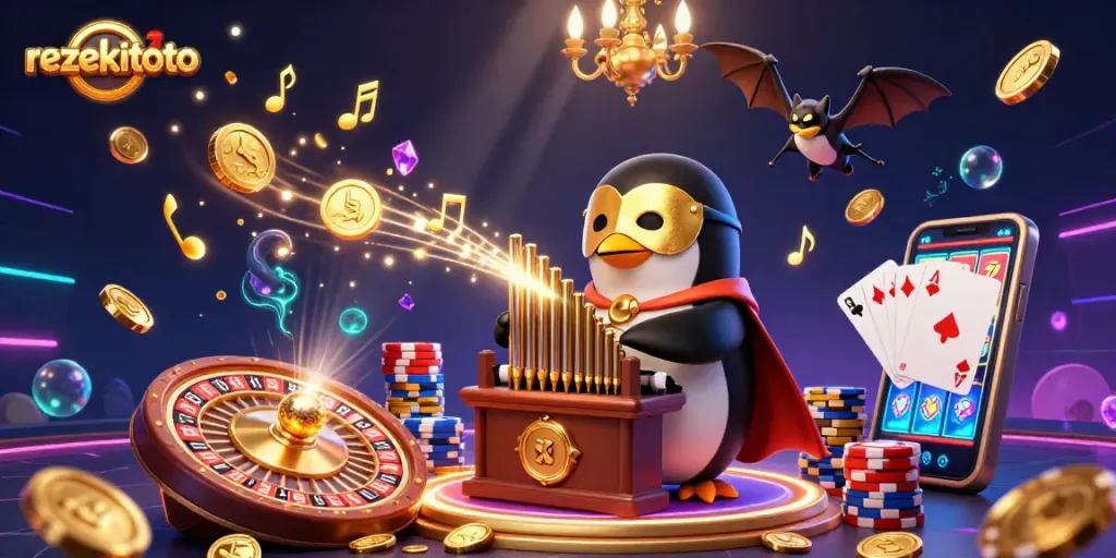 Experience thrilling wins with rezekitoto as a penguin plays for golden coins amidst vibrant casino elements.