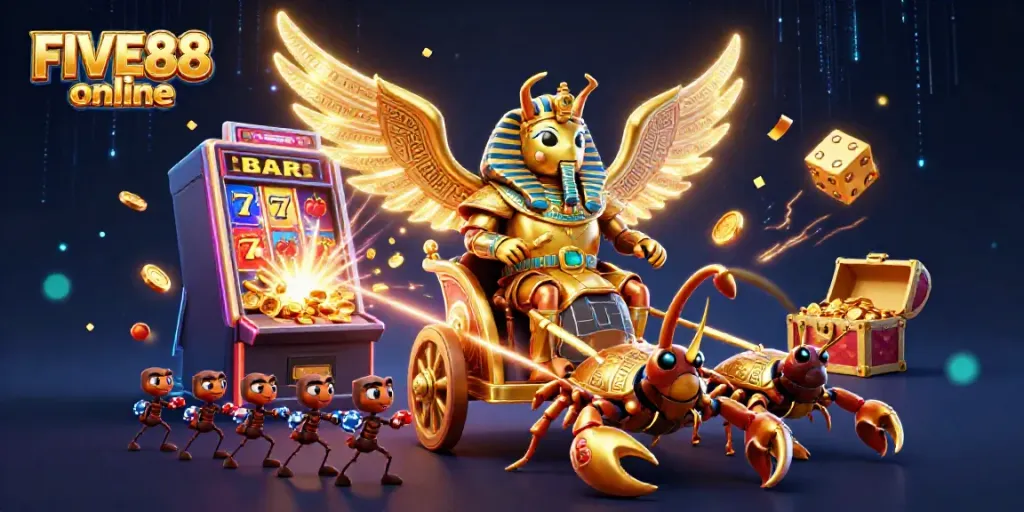 Experience gaming excitement with FIVE88 online in this vibrant, dynamic casino-themed illustration.