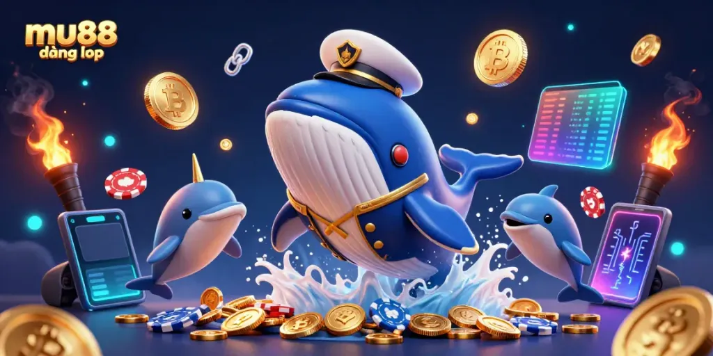 Engage with the vibrant scene of mu88 đăng nhập where a cartoon whale and sea creatures celebrate riches in a casino.