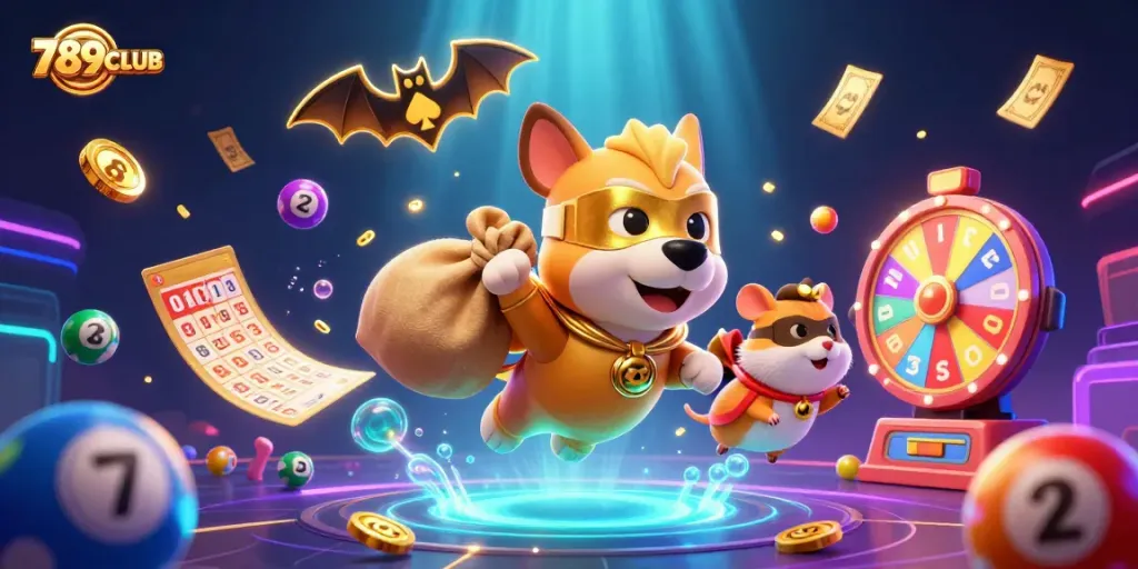 Engage with thrilling 789CLUB action as colorful lottery elements burst around animated characters.