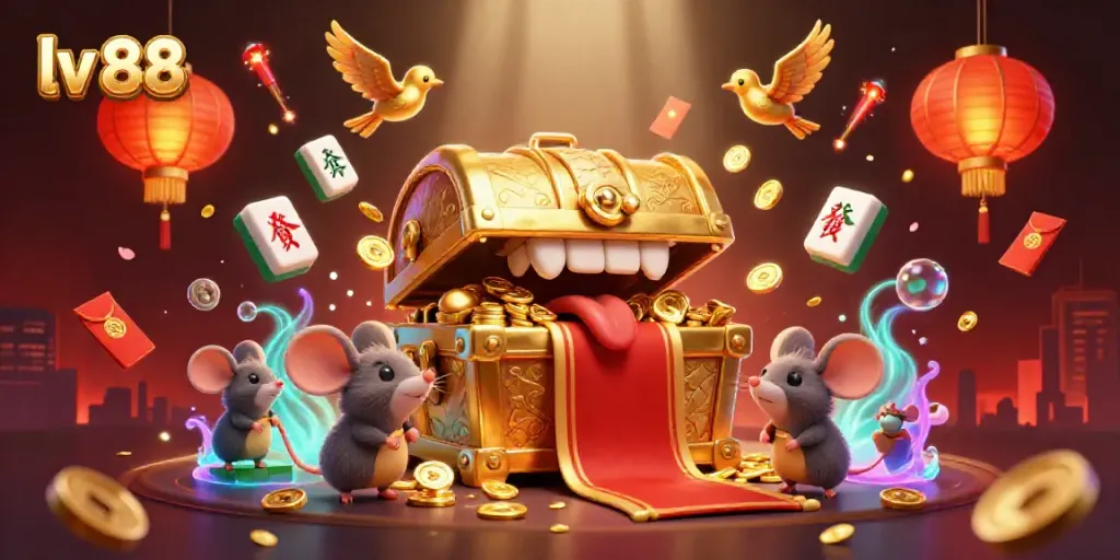 Experience the thrill of lv 88 with a vibrant 3D treasure scene filled with unique casino elements.