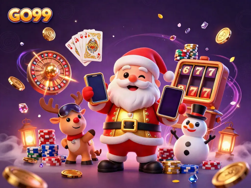 Engage with GO99 featuring a festive casino scene with Santa, his reindeer, and a snowman.