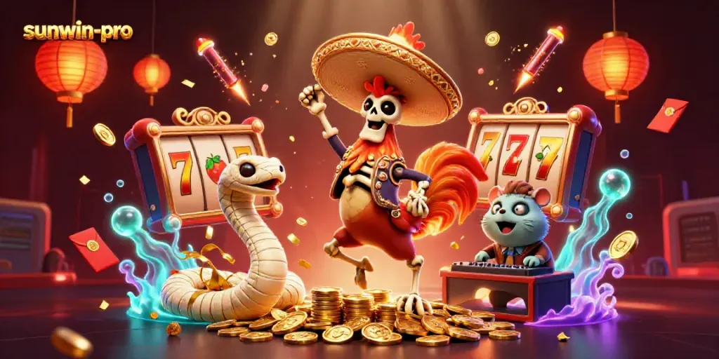 Experience the excitement of sunwin-pro with engaging characters celebrating on vibrant golden coins.