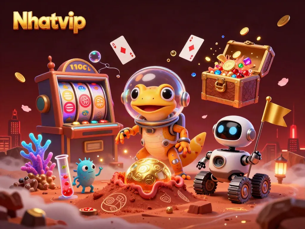 Nhatvip promotional illustration of a Martian gecko discovering a treasure-filled casino in a vibrant, dynamic scene.