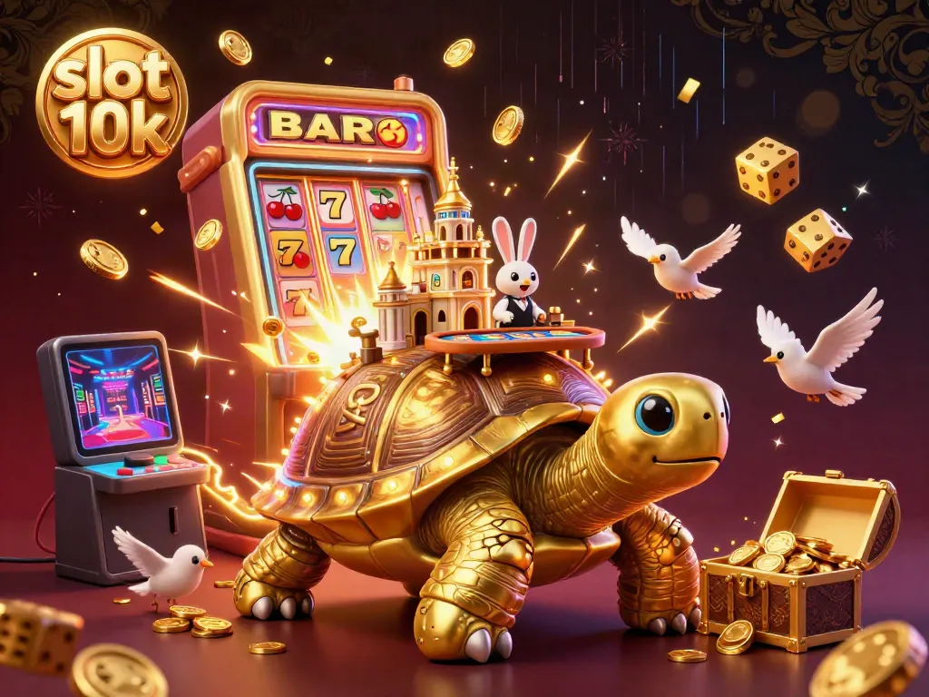 Engage in the excitement of slot 10k with a vibrant 3D casino illustration featuring a tortoise with a mini casino and dynamic game elements.