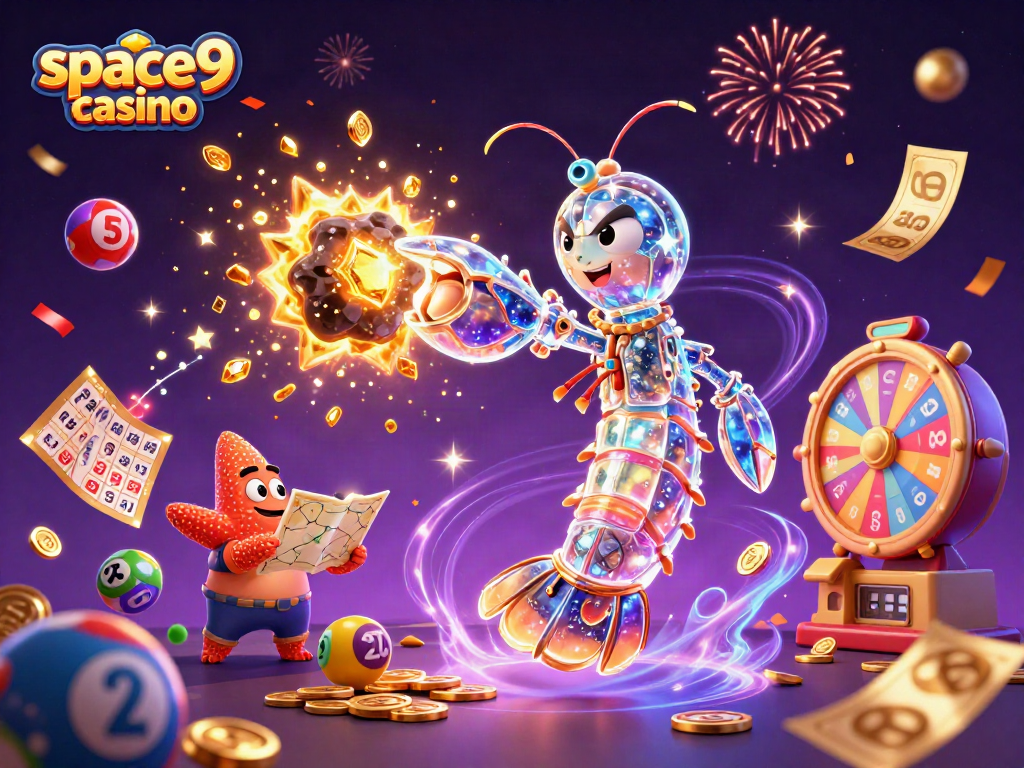 Experience thrilling excitement at space9 casino with a vibrant 3D illustration of games and celebrations.