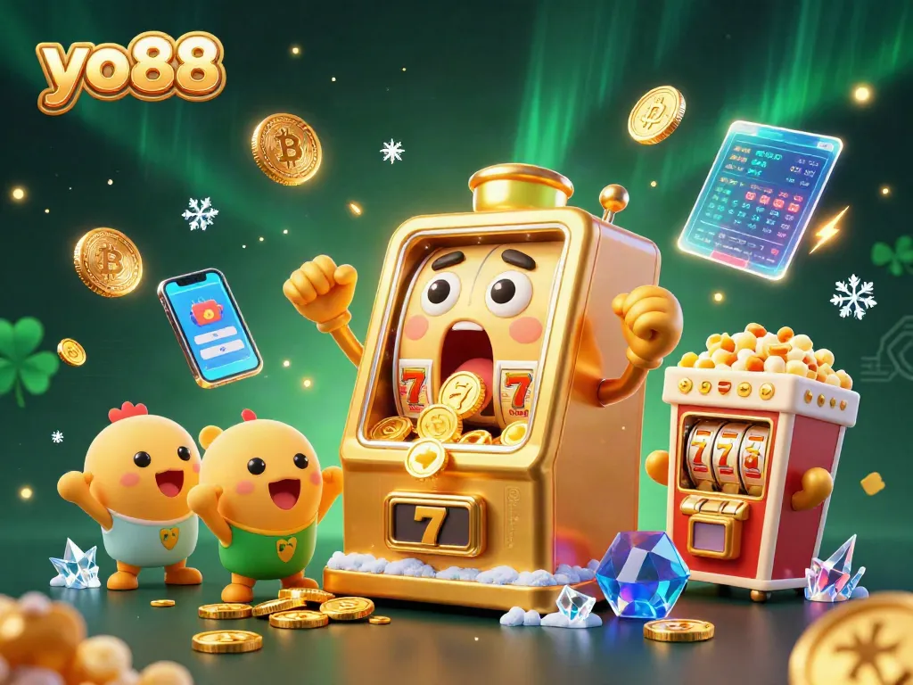Experience the excitement of yo88 with a golden slot machine hitting a jackpot, surrounded by vibrant game elements.
