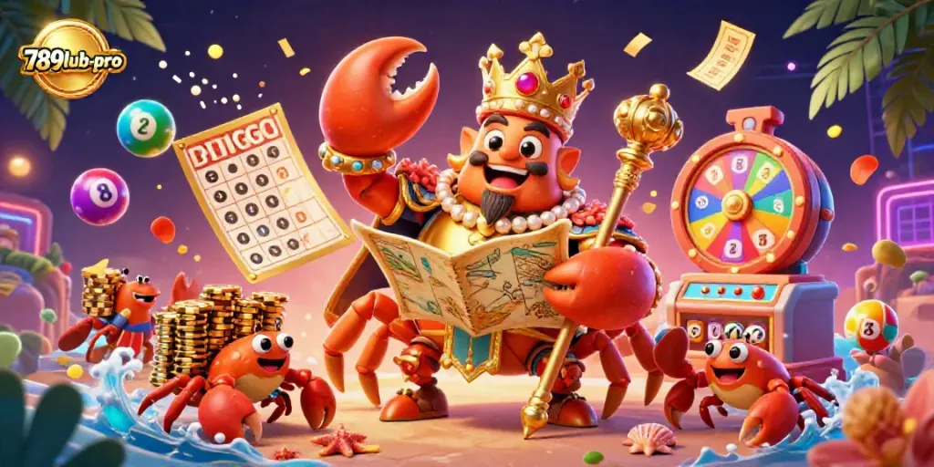 Experience the excitement of winning with 789lub-pro, featuring vibrant lottery elements and a majestic crab emperor.