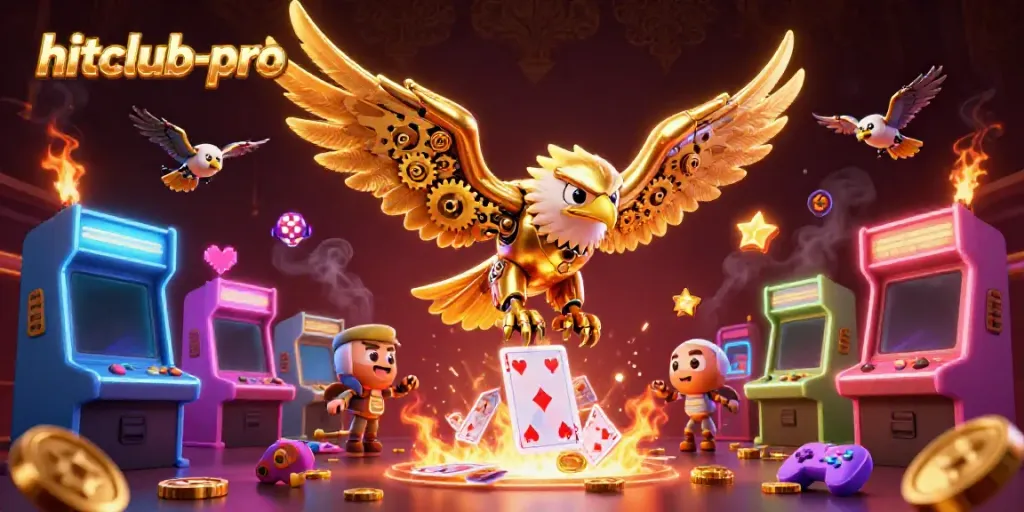 Experience excitement with hitclub-pro as a cybernetic eagle dives through holographic cards amidst gaming excitement.
