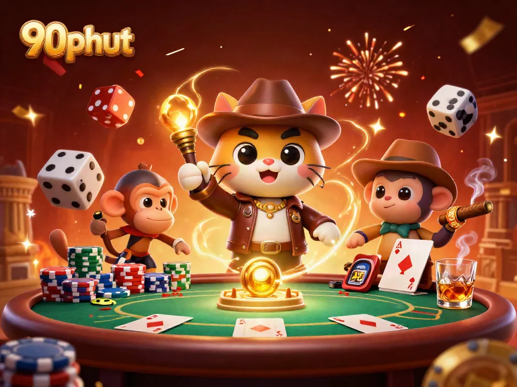 Experience the excitement of 90phut with a dynamic 3D illustration of a casino adventure.