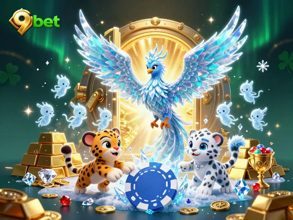 Experience the excitement of 9bet as a snow leopard plays with an ice poker chip surrounded by treasures.
