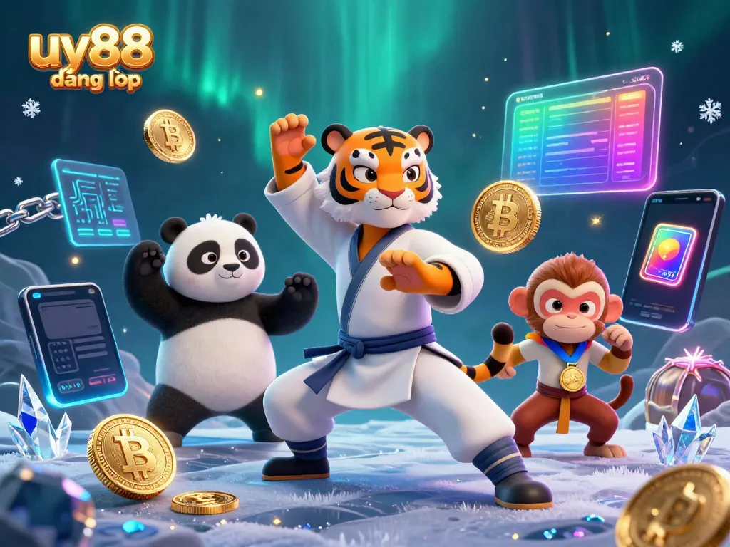 Engage in winning strategies at uy88 đăng nhập while enjoying an exciting 3D casino scene with animated characters and crypto elements.