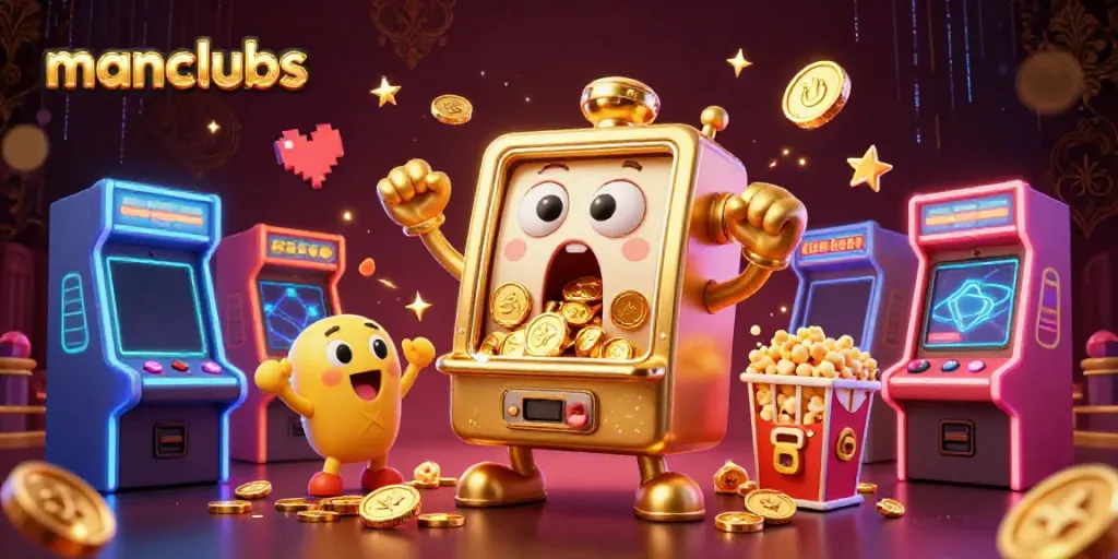 Experience thrilling wins at manclubs with vibrant slot machines, colorful arcade games, and a golden jackpot celebration.