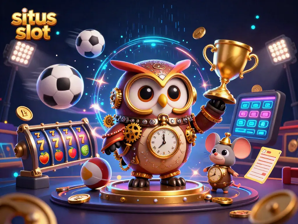 Engage in situs slot adventures with our time-traveler owl and dynamic casino elements in a vibrant scene.