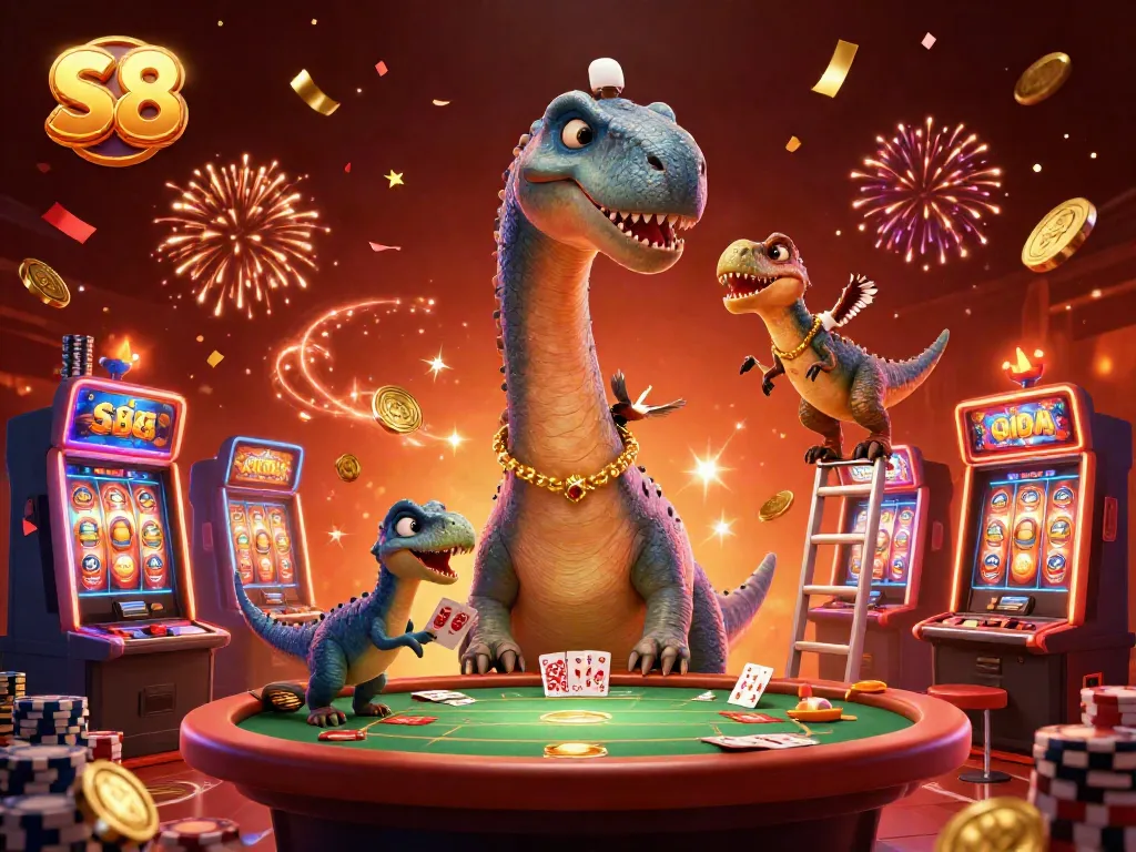 Experience the thrill of S8 casino games with lively characters and vibrant slot elements.