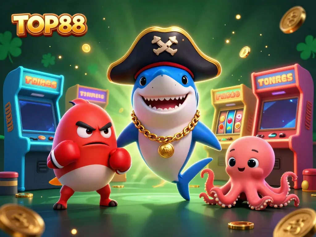 Experience the excitement of TOP88 with a fun cartoon casino scene featuring a pirate shark and friends.