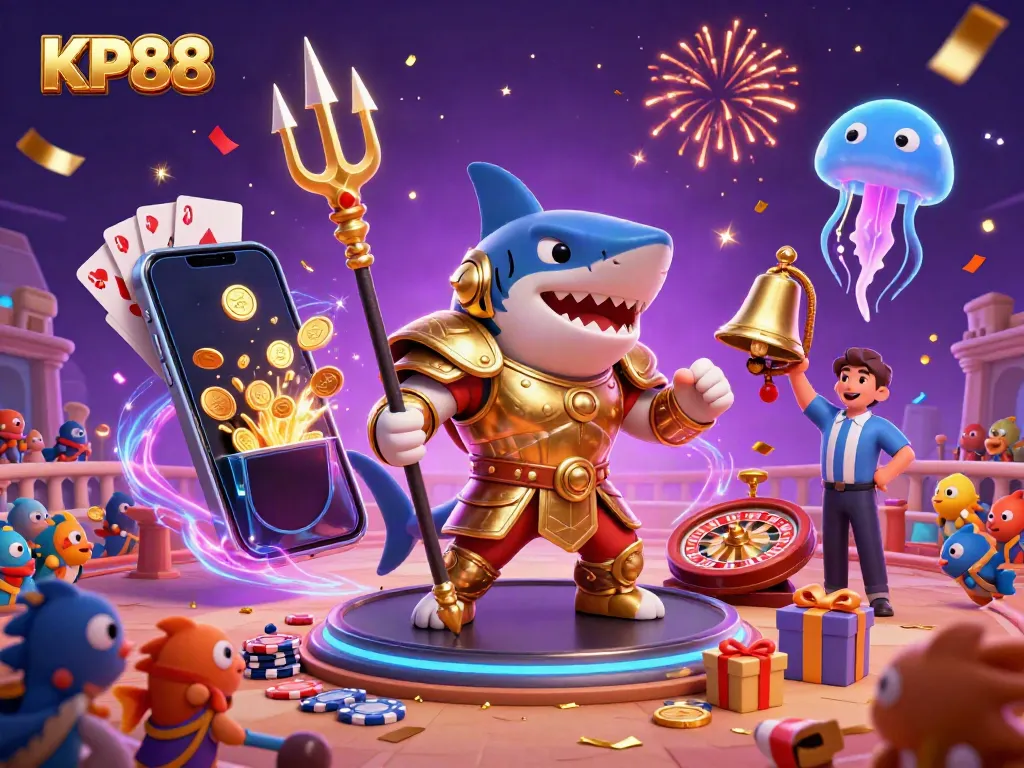 Experience the thrill of KP88 with a fierce tiger shark in golden armor amidst a lively underwater casino.