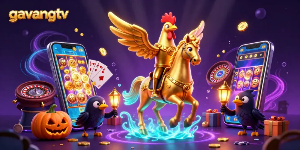 Experience thrilling games at gavangtv with a golden rooster riding through a vibrant casino scene.