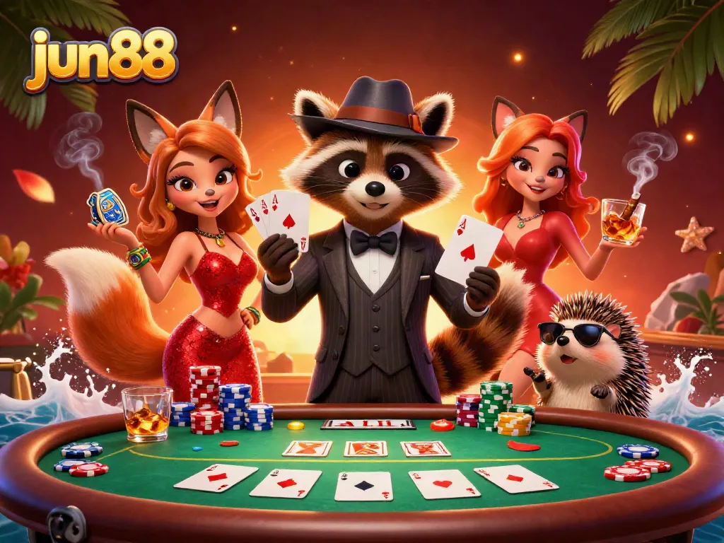 Experience gaming excitement at jun88 with a raccoon, fox, and hedgehog scene at the poker table.