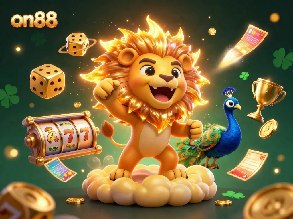 Experience the excitement at on88 with a roaring lion, golden dice, and vibrant 3D slot elements.
