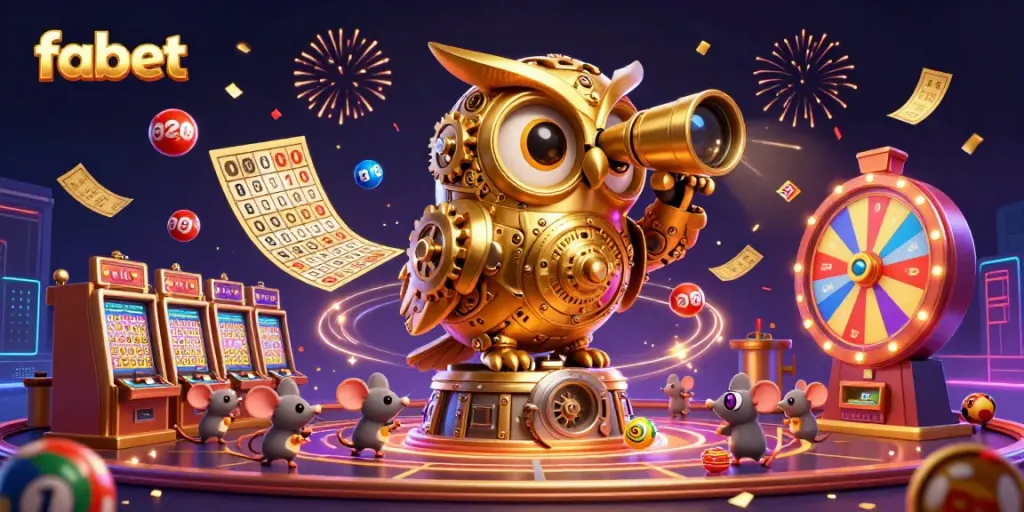 Engage with fabet's 3D casino adventure featuring a golden owl, vibrant lottery balls, and festive elements.