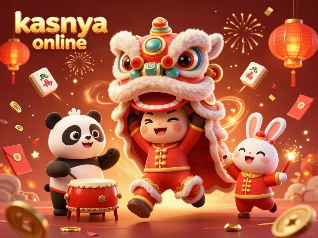 Experience the vibrant world of kasyna online with this festive 3D illustration of a lion dance and joyful characters surrounded by casino-themed elements.