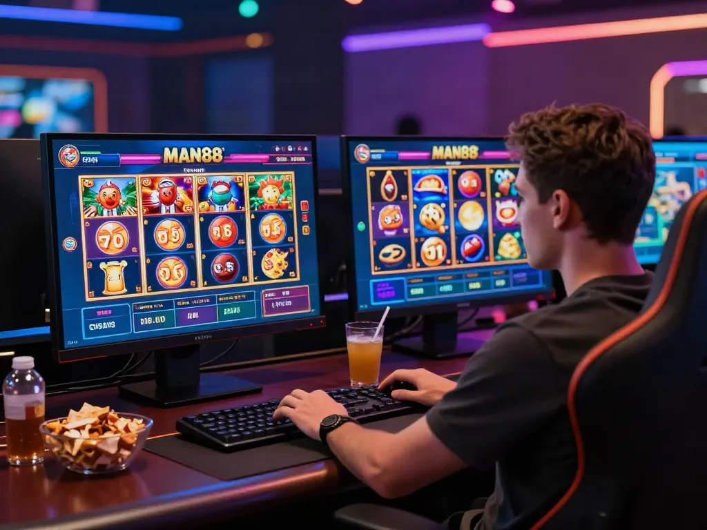 User enjoying a spirited online gambling session at https://man881.jp.net/ with a colorful interactive interface and snacks nearby.