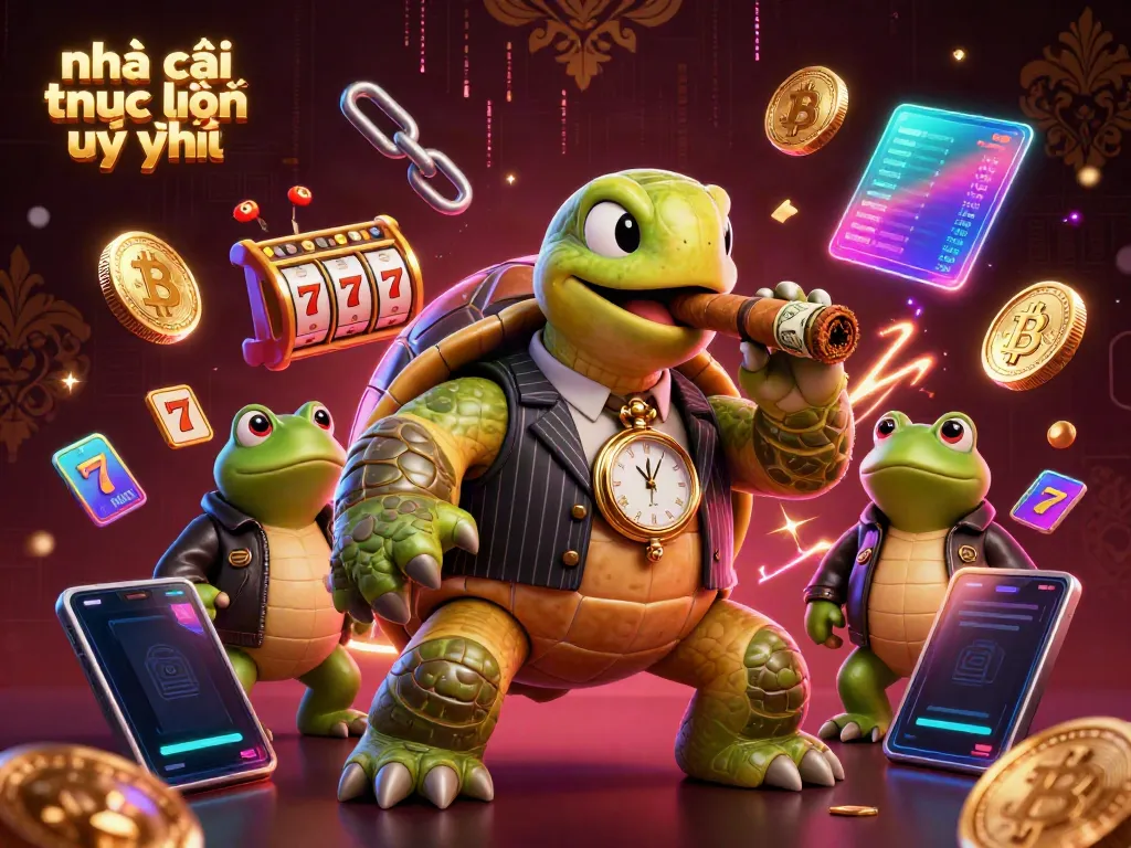 Join the fun at nhà cái trực tuyến uy tín with a 3D cartoon turtle and frog enforcers in a rich casino illustration.