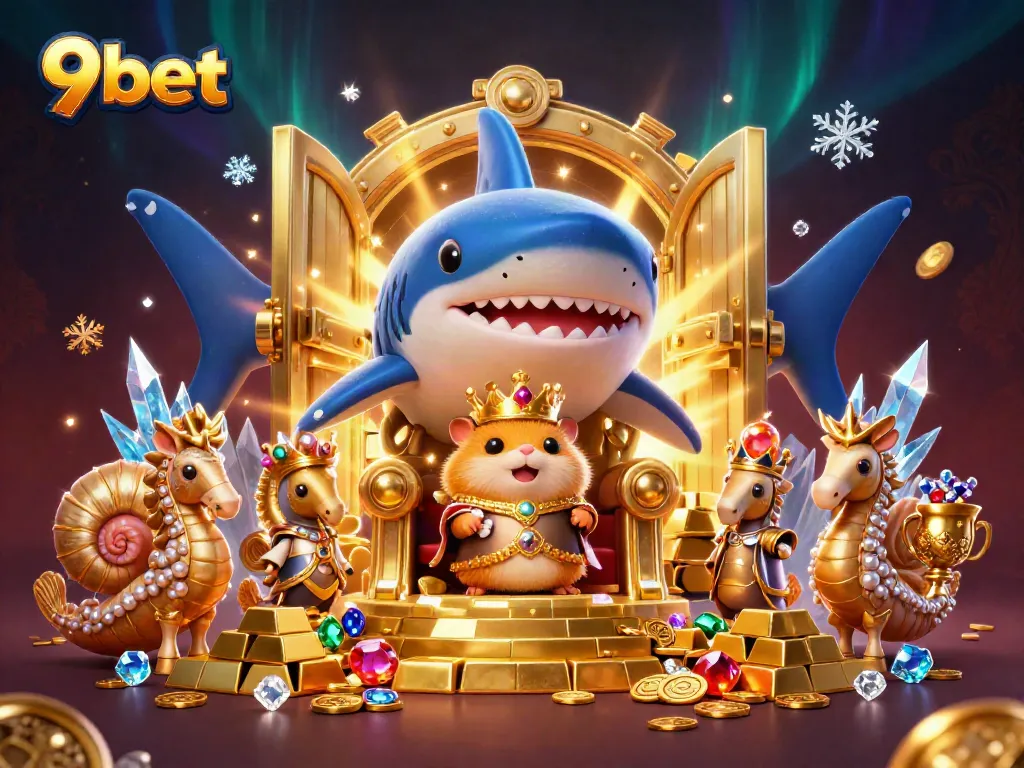 Engage in 9bet gaming excitement with a vibrant scene of treasure and royal hamster characters.