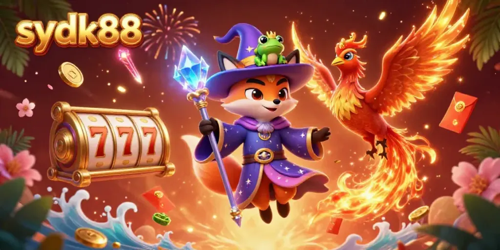 Experience the magic of gambling with sydk88's vibrant 3D casino illustration depicting a wizard fox in a lively festive scene.
