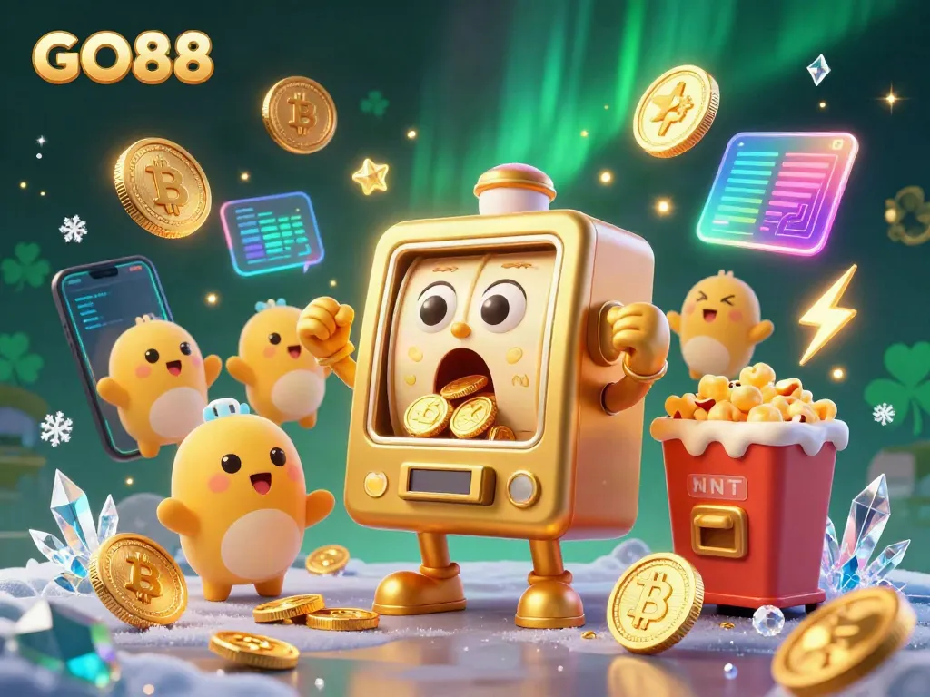 Spin the GO88 gold slot machine as it triumphantly hits the jackpot with coins spilling out, enthralling viewers with excitement.