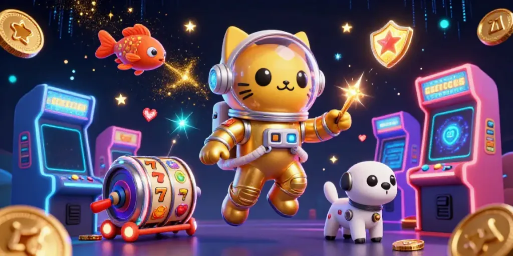 Engage with manclubs in a vibrant casino scene featuring a golden space suit cat and futuristic elements.