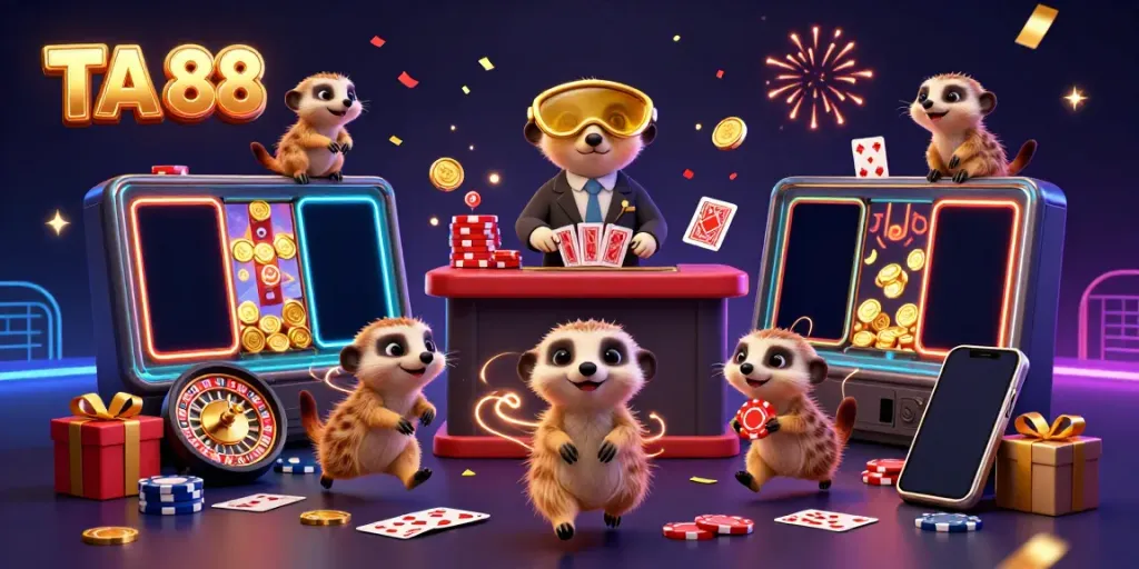 Experience the thrill of TA 88 with lively meerkats orchestrating a dynamic casino scene filled with vivid game elements.