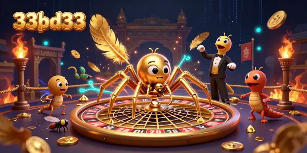 33bd33 invites players to bet in a vivid 3D casino scene featuring a golden web roulette.