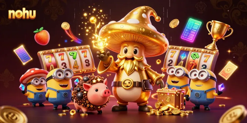 Engage with nohu slots featuring vibrant characters and dynamic gaming elements in an immersive casino illustration.