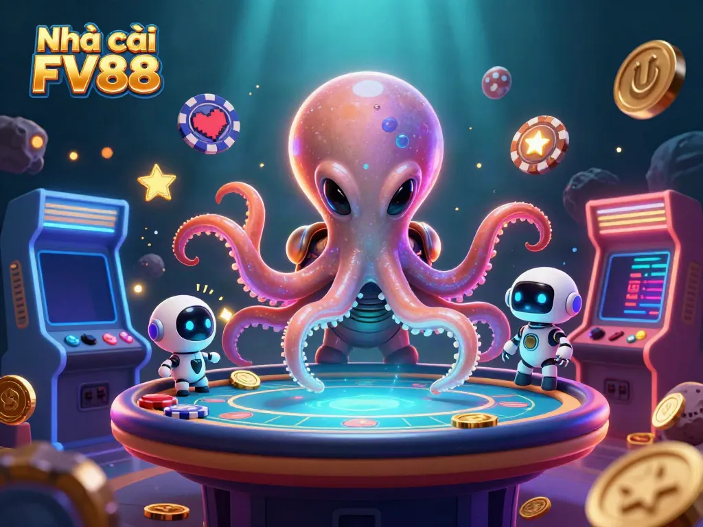 Engage with Nhà cái FV88 at a dynamic poker table managed by a space octopus in a vibrant casino scene.