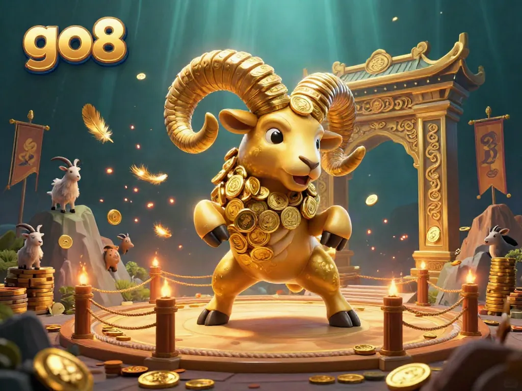 Experience go8's thrilling gaming action with an ultra-detailed 3D illustration featuring a golden ram and casino elements.