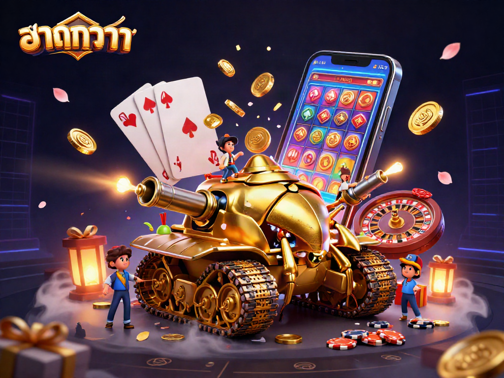 Engage in แทงบาคาร่า action with a 3D casino beetle tank showcasing vibrant games and golden winnings.