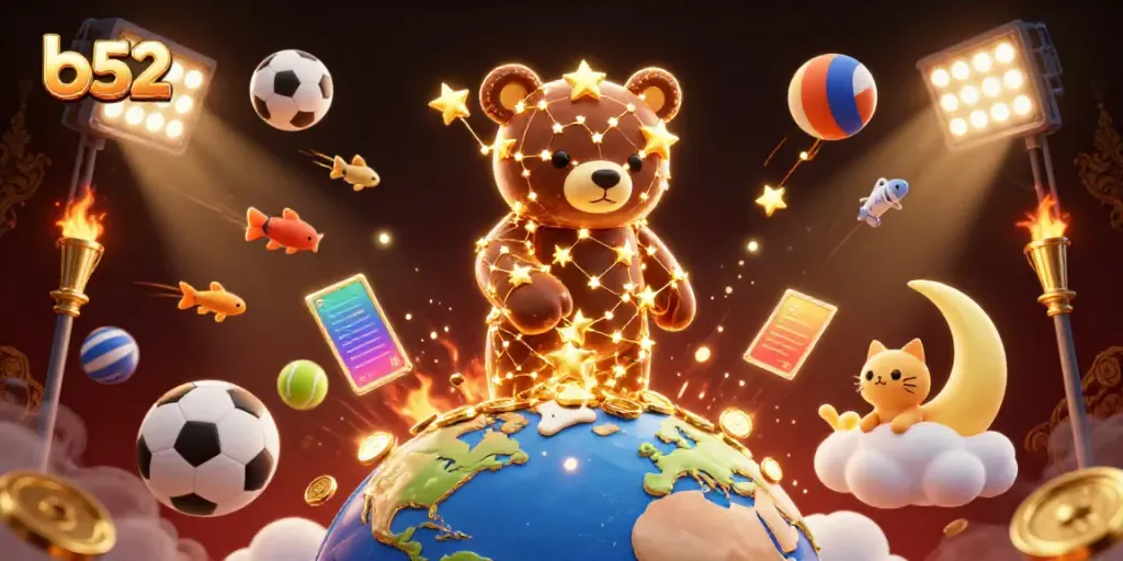 Experience thrilling gameplay with b52, where a constellation bear scoops coins amidst dynamic sports elements.