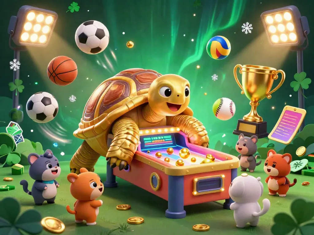 Experience thrilling games at Grafikjitu with a vibrant golden tortoise pinball machine, encountering dynamic sports elements and rich visuals.