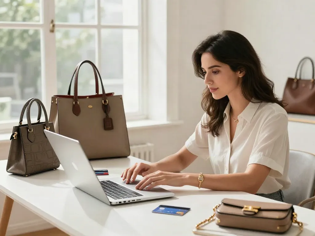 Woman shopping for premium bags online at her stylish home office.