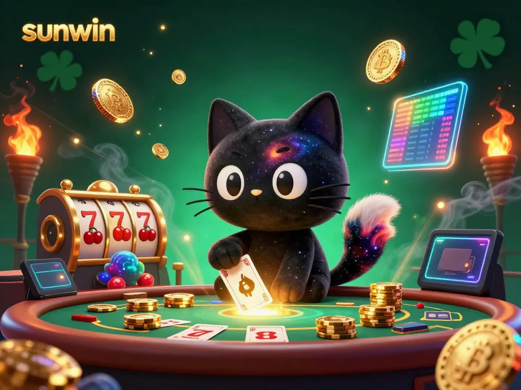 Experience sunwin with a 3D cartoon cat pulling in chips at a vibrant cosmic casino table.