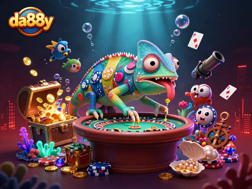Engage with da88y’s exciting casino scene featuring a colorful chameleon owner amid vibrant treasures.